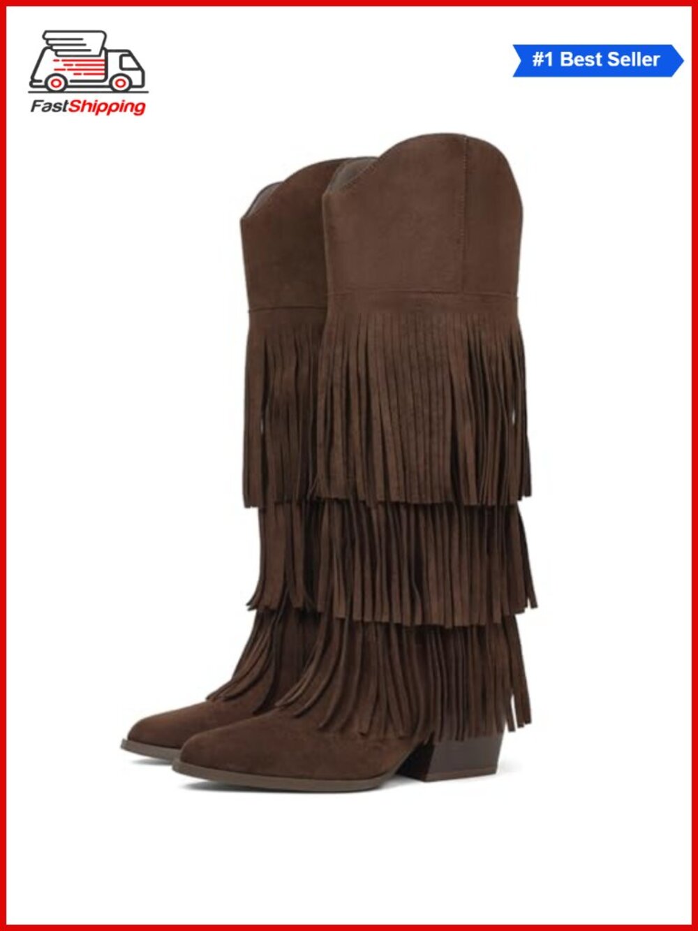 ✨ Grakihily Suede Fringe Cowboy Boots Women Western Block Heel Pull On